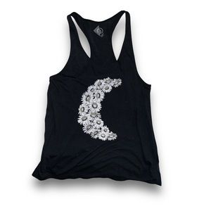 EUC black racer back tank top with flowers in crescent moon shape. Size: L
